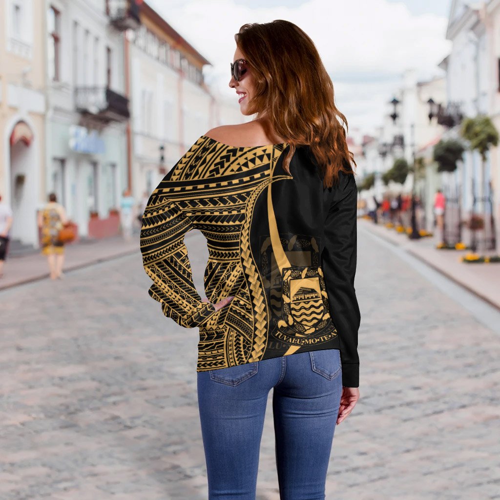 Tuvalu Custom Personalised Women's Off Shoulder Sweater - Gold Polynesian Tentacle Tribal Pattern - Polynesian Pride