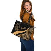 Palau Custom Personalised Large Leather Tote Bag - Gold Polynesian Tentacle Tribal Pattern Crest - Polynesian Pride