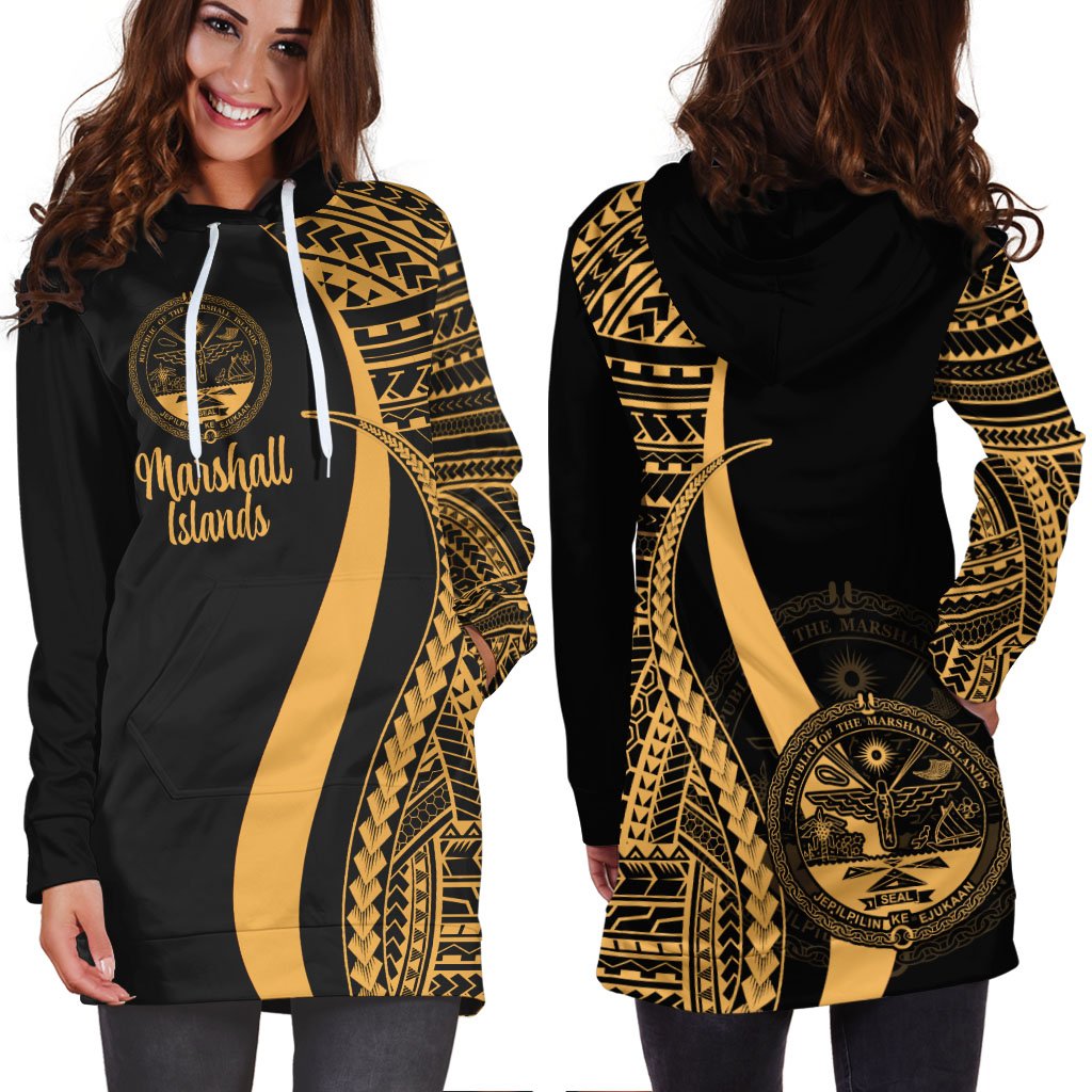 Marshall Islands Women's Hoodie Dress - Gold Polynesian Tentacle Tribal Pattern Crest - Polynesian Pride