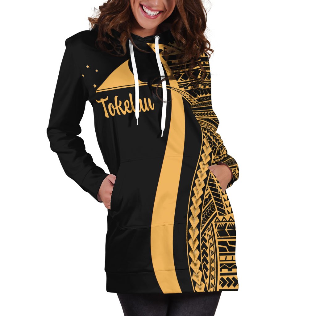 Tokelau Women's Hoodie Dress - Gold Polynesian Tentacle Tribal Pattern - Polynesian Pride