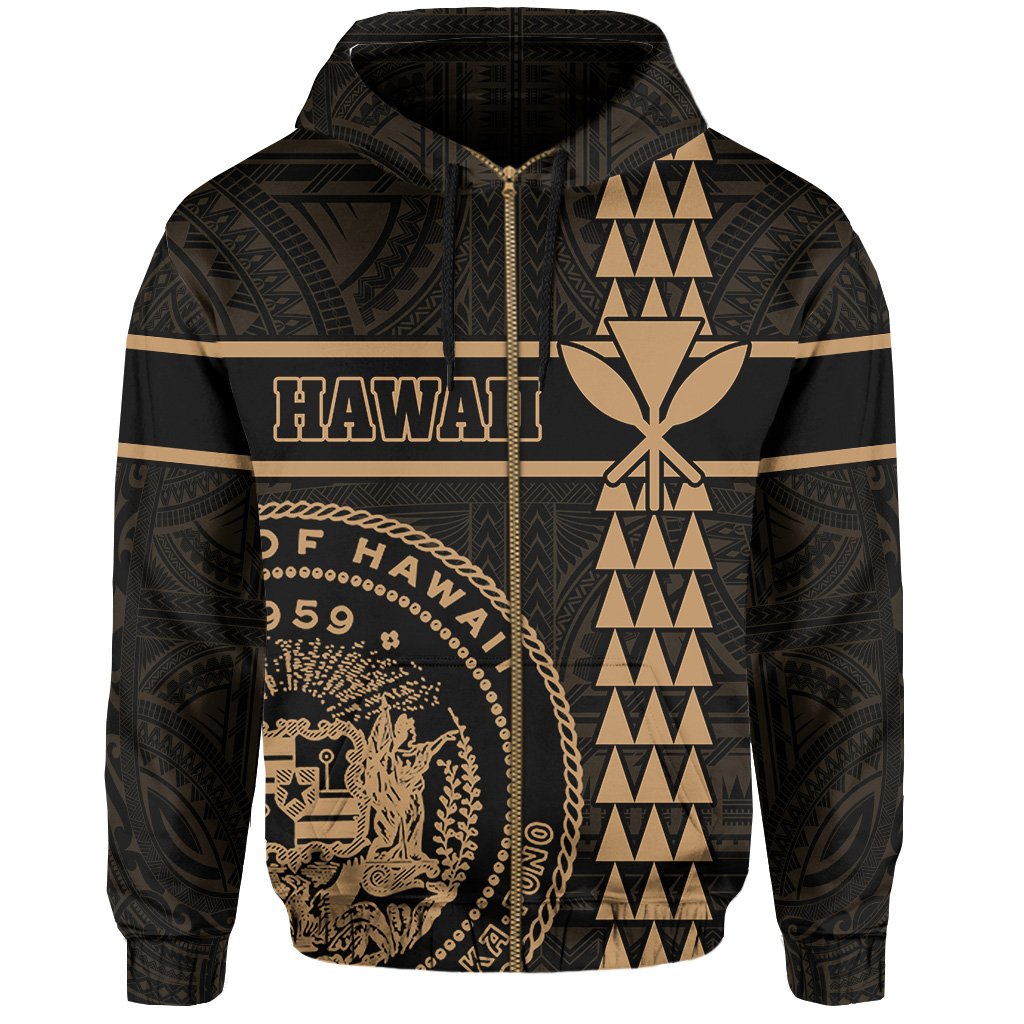 Polynesian Kakau Kanaka Seal of Hawaii Zip Hoodie Gold - Polynesian Pride