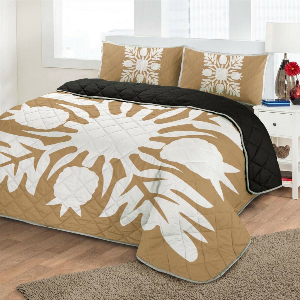 Hawaiian Royal Pattern Quilt Bed Set - Gold - N1 Style - AH - Polynesian Pride