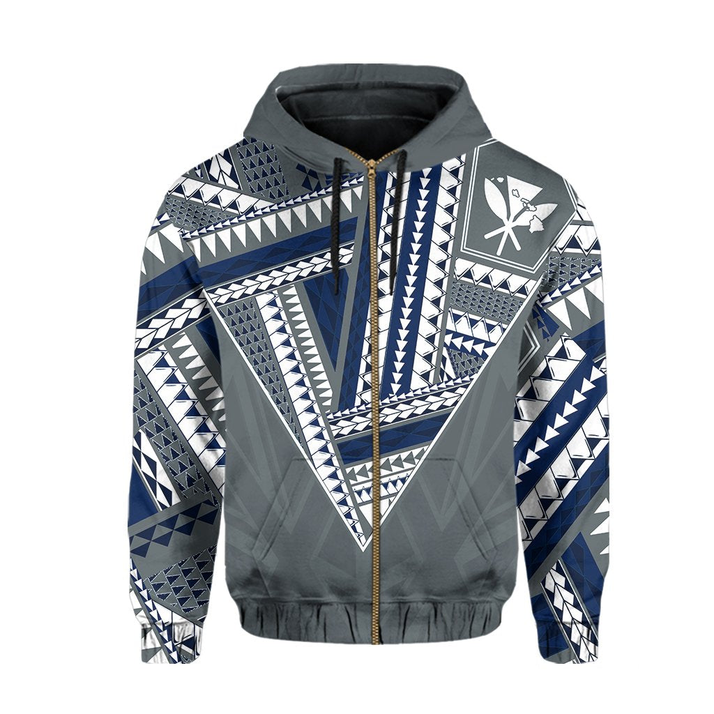 Hawaii Hoodie Zip Football Jersey Style Gray and Blue - Polynesian Pride