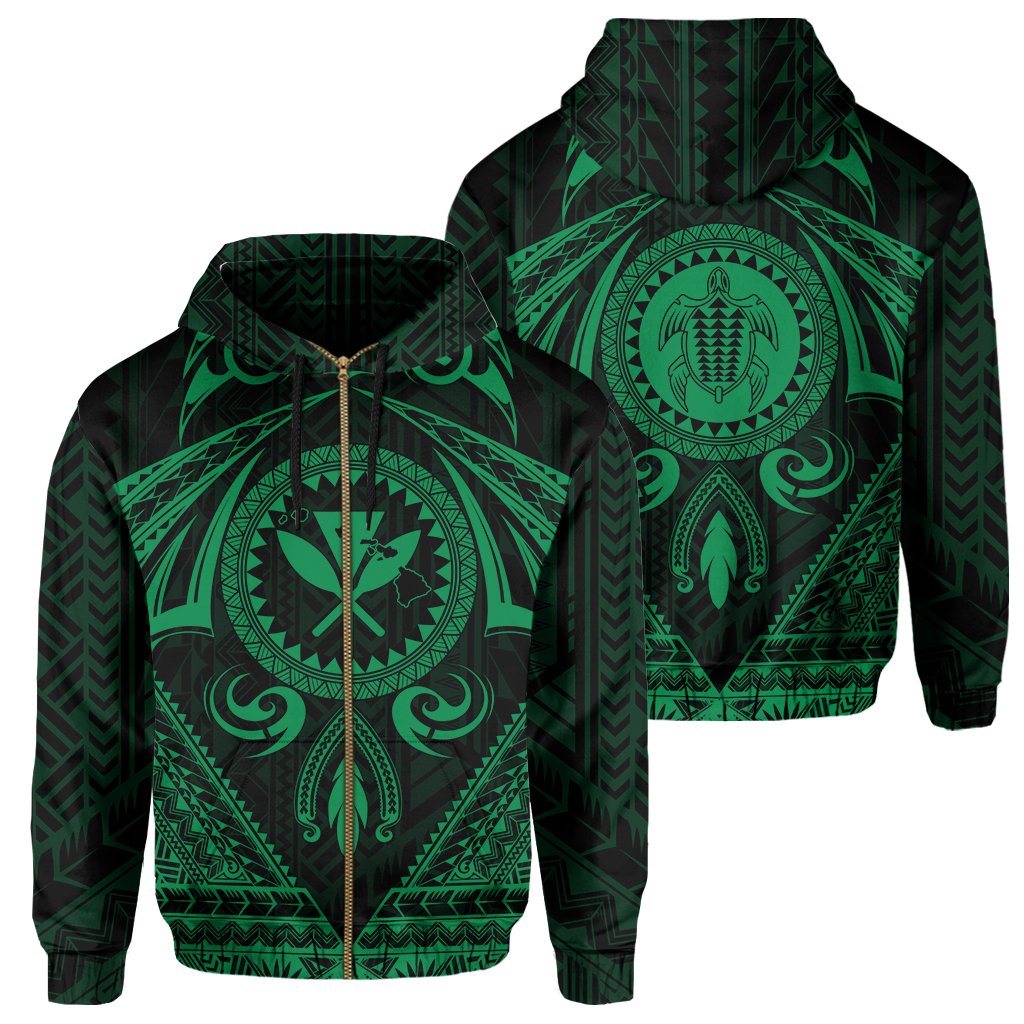 Polynesian Kakau Kanaka Turtle Map Hawaii Zip Hoodie Circle Style Green Unisex Green - Polynesian Pride