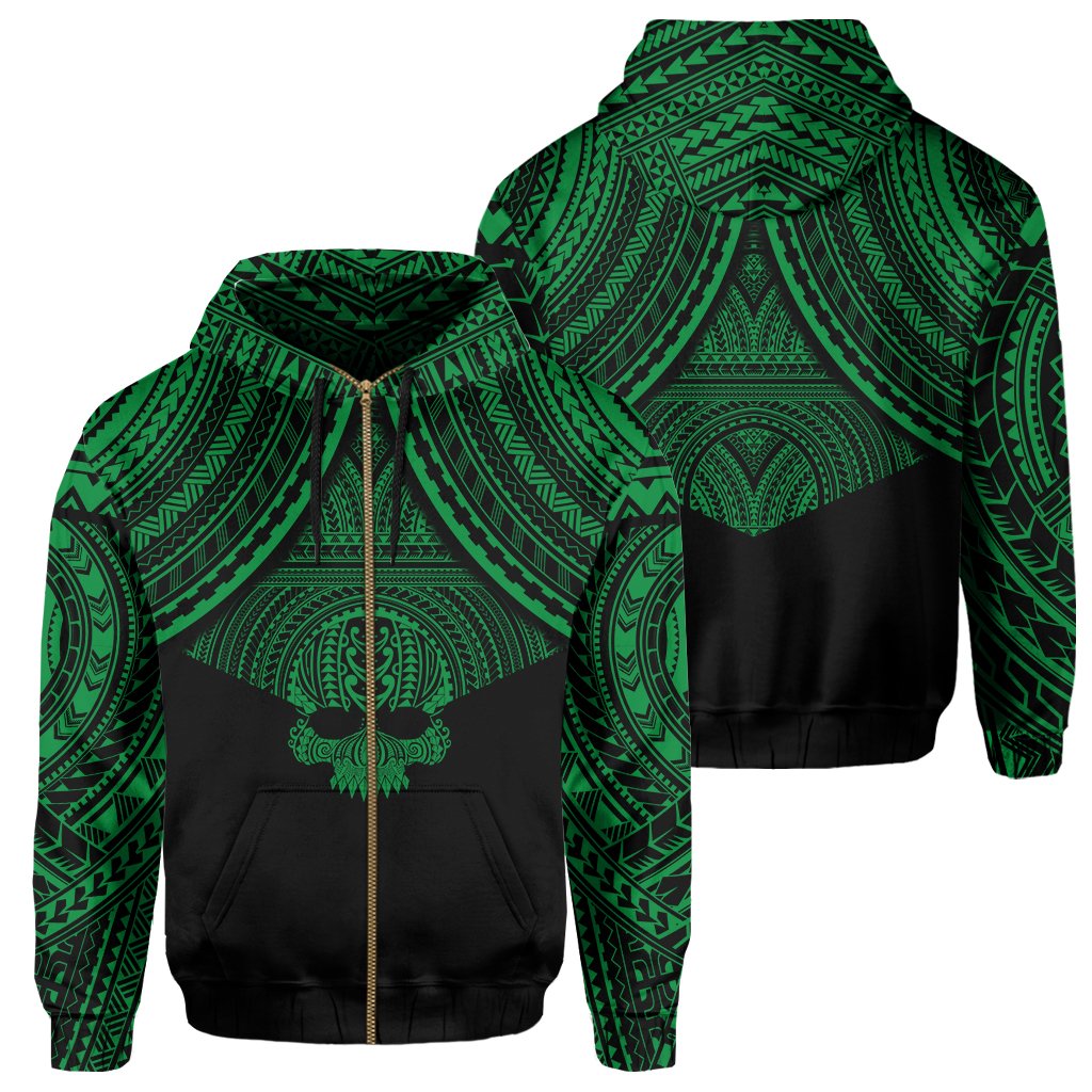 Polynesian Skull Hawaii Zip Hoodie Green Circle Style Unisex Green - Polynesian Pride