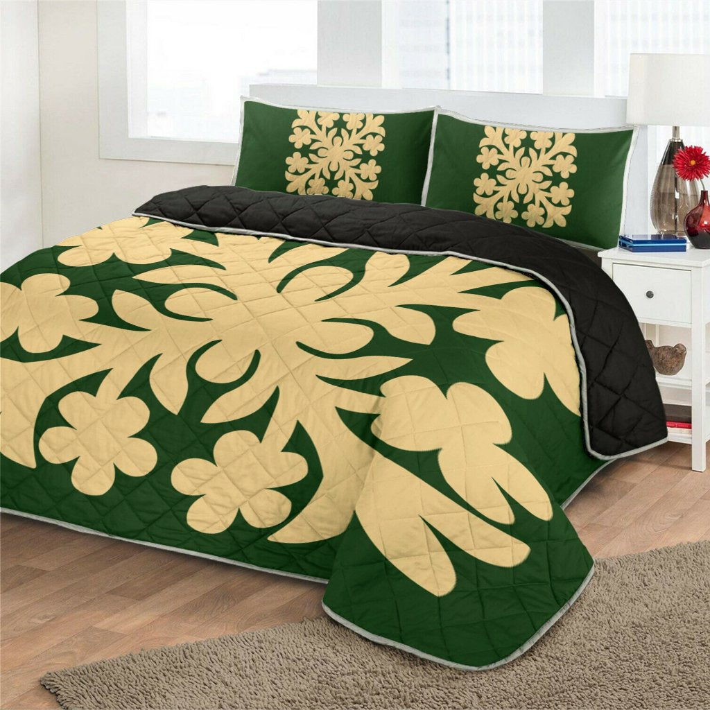 Hawaiian Royal Pattern Quilt Bed Set - Green - E1 Style - AH - Polynesian Pride