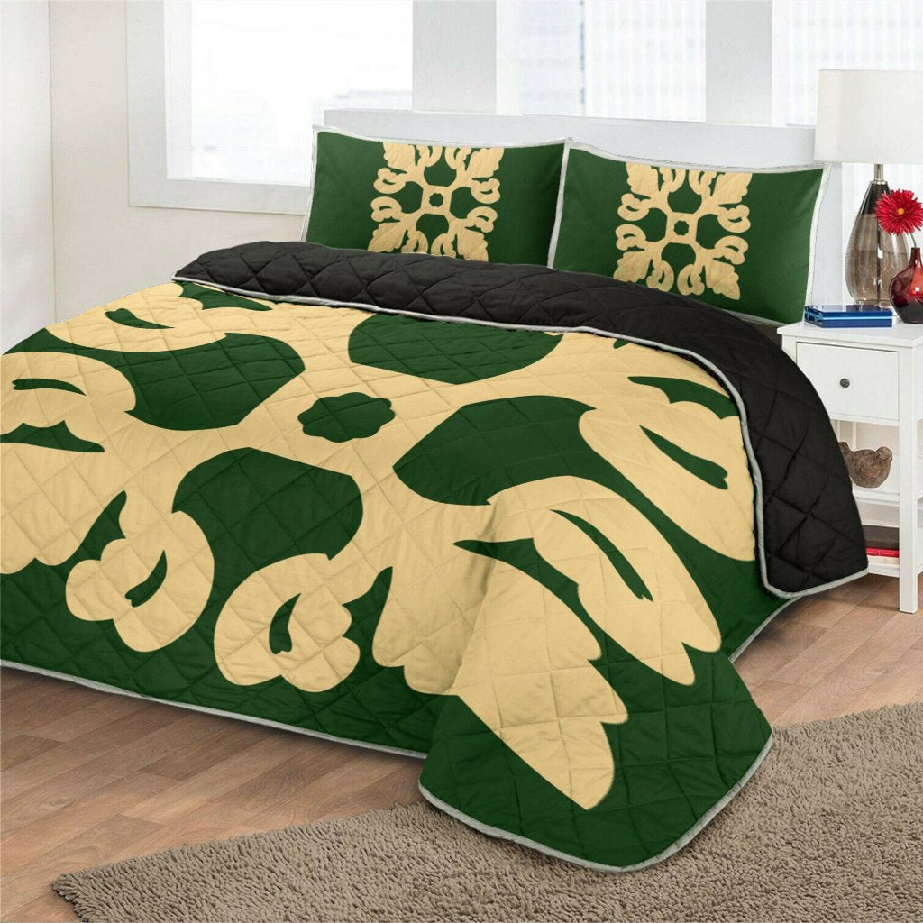 Hawaiian Royal Pattern Quilt Bed Set - Green - M1 Style - AH - Polynesian Pride
