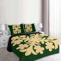 Hawaiian Royal Pattern Quilt Bed Set - Green - E1 Style - AH - Polynesian Pride