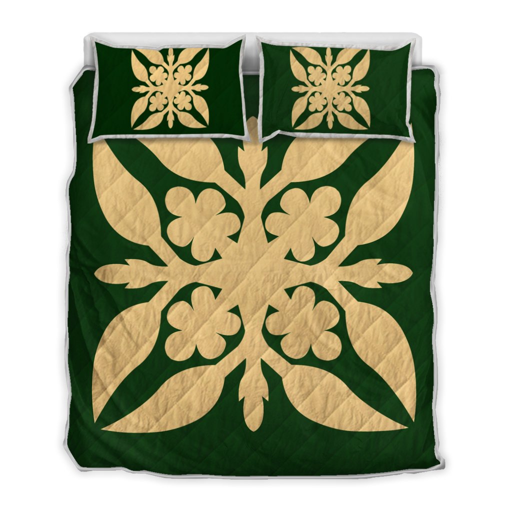 Hawaiian Royal Pattern Quilt Bed Set - Green - G1 Style - AH Green - Polynesian Pride