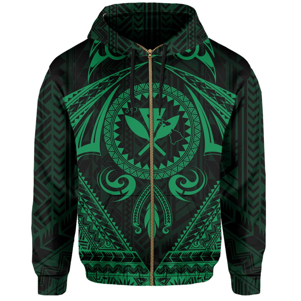 Polynesian Kakau Kanaka Turtle Map Hawaii Zip Hoodie Circle Style Green - Polynesian Pride