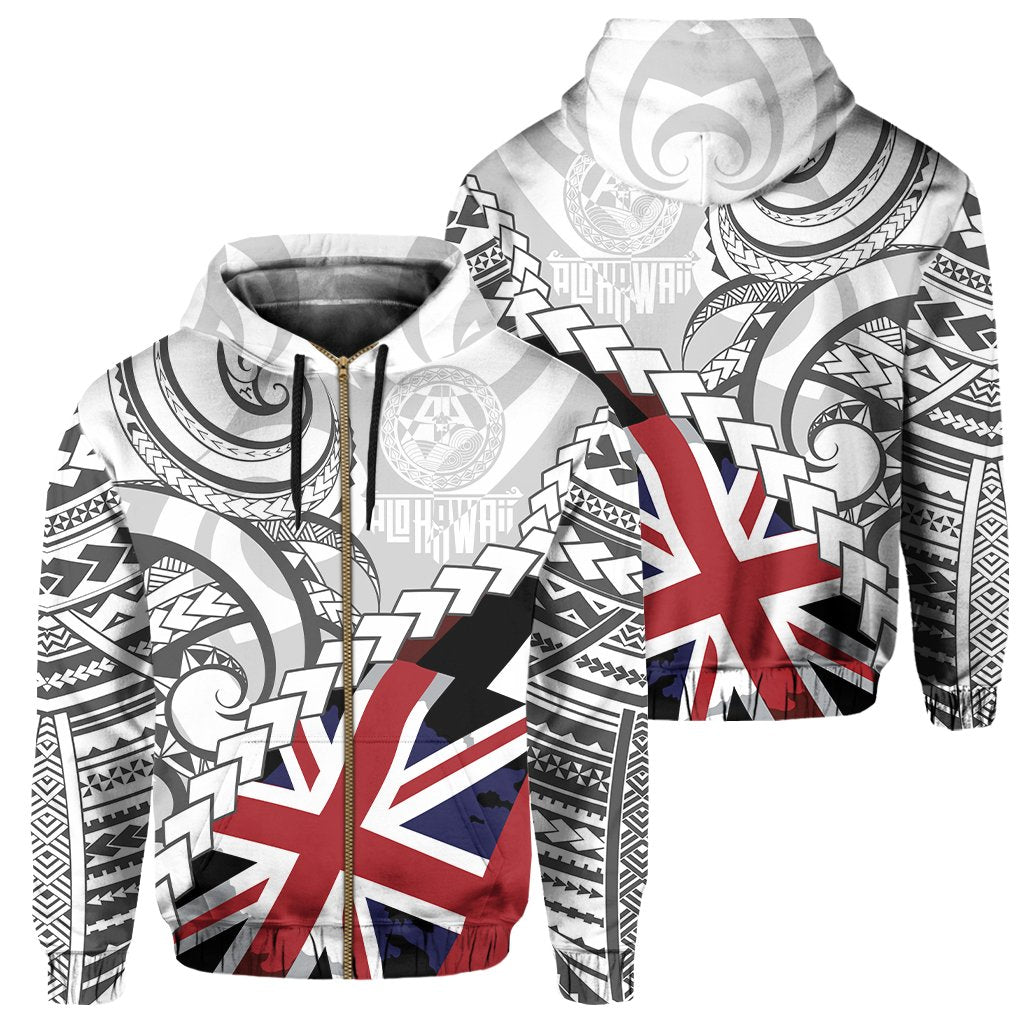Polynesian Kakau Flag of Hawaii Zip Hoodie Grey Unisex Grey - Polynesian Pride