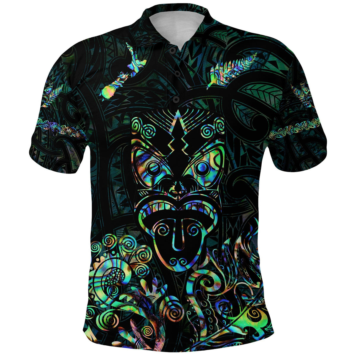 Maori Aotearoa Rugby Haka Polo Shirt New Zealand Silver Fern Paua Shell Green - Polynesian Pride
