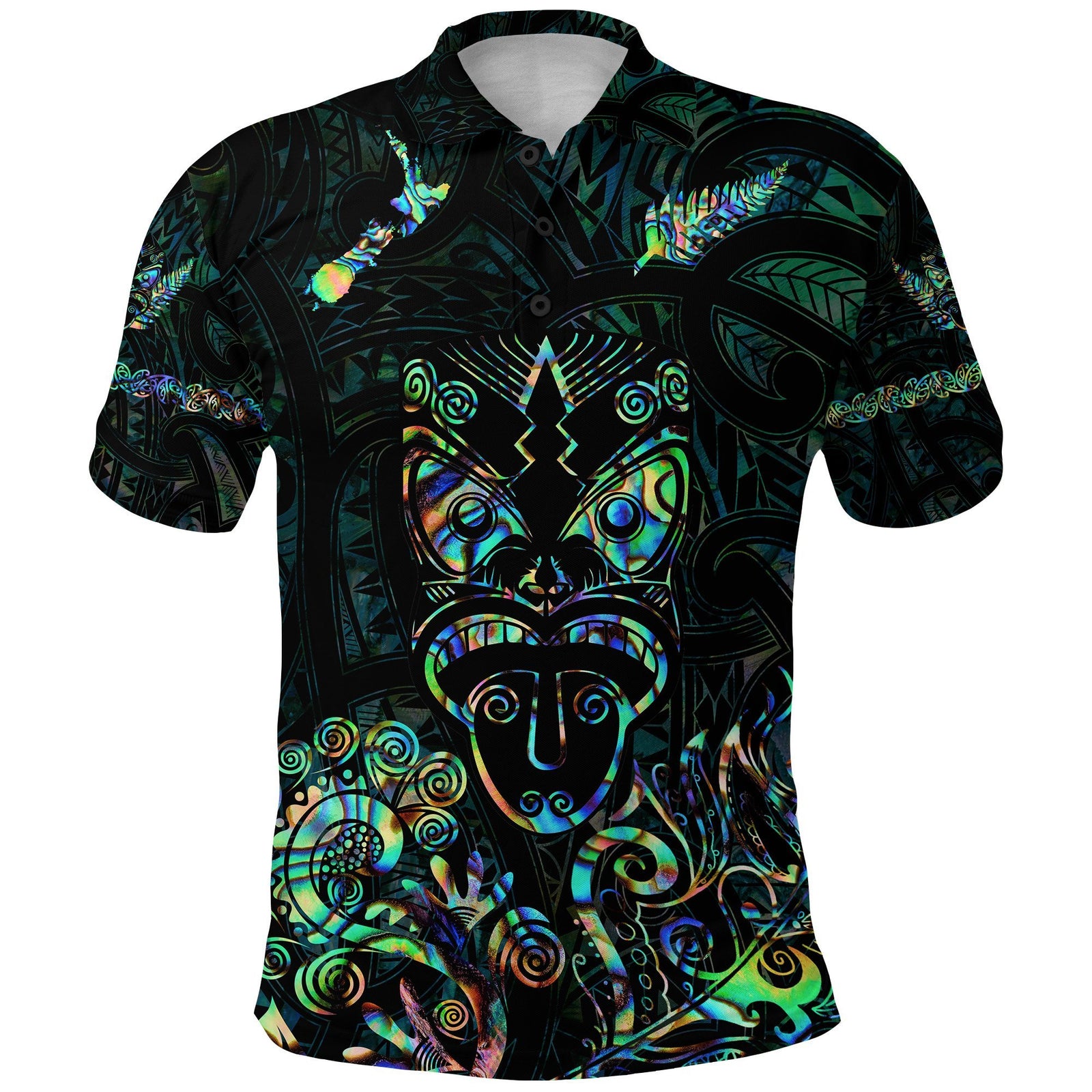 Maori Aotearoa Rugby Haka Polo Shirt New Zealand Silver Fern Paua Shell Green - Polynesian Pride