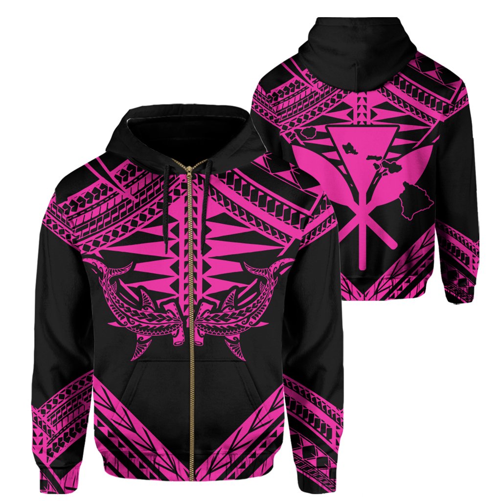 Hawaii Shark Polynesian Kanaka Pink Hoodie (Zip up) Candy Style Unisex Black - Polynesian Pride