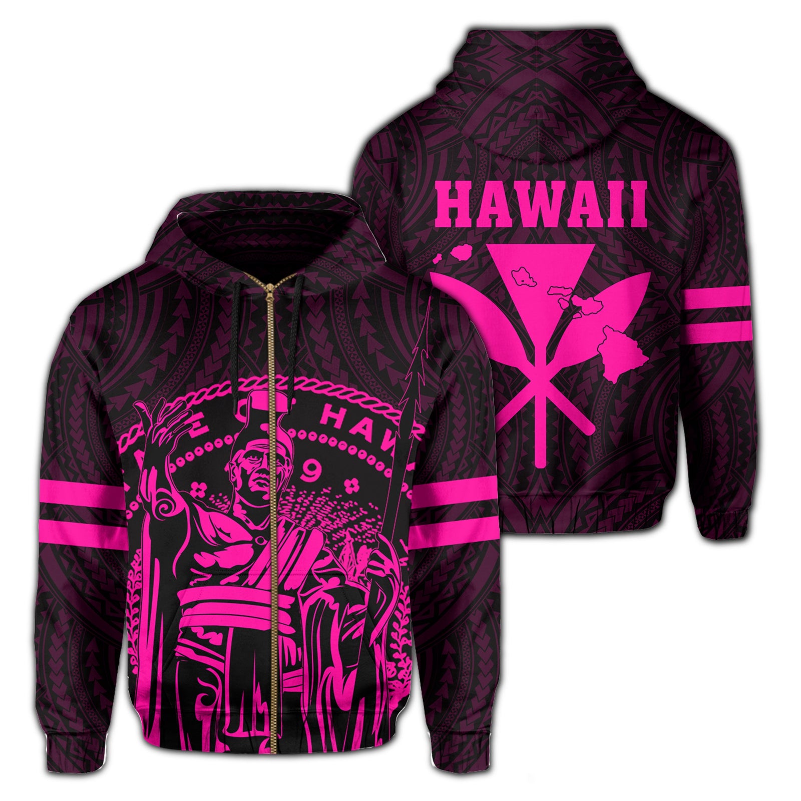 Polynesian King Kanaka Map Seal of Hawaii Zip Hoodie Pink Unisex Pink - Polynesian Pride