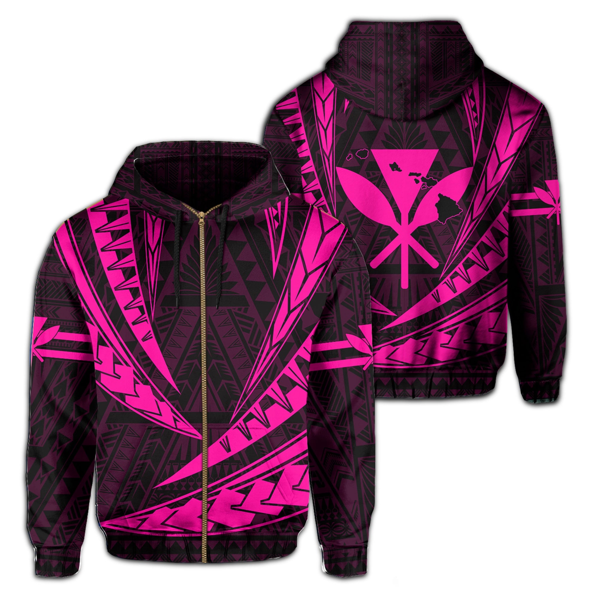 Polynesian Kakau Kanaka Maoli Map Hawaii Zip Hoodie Pink Unisex Pink - Polynesian Pride