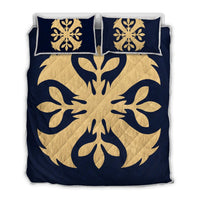Hawaiian Royal Pattern Quilt Bed Set - Indigo - F3 Style - AH Indigo - Polynesian Pride