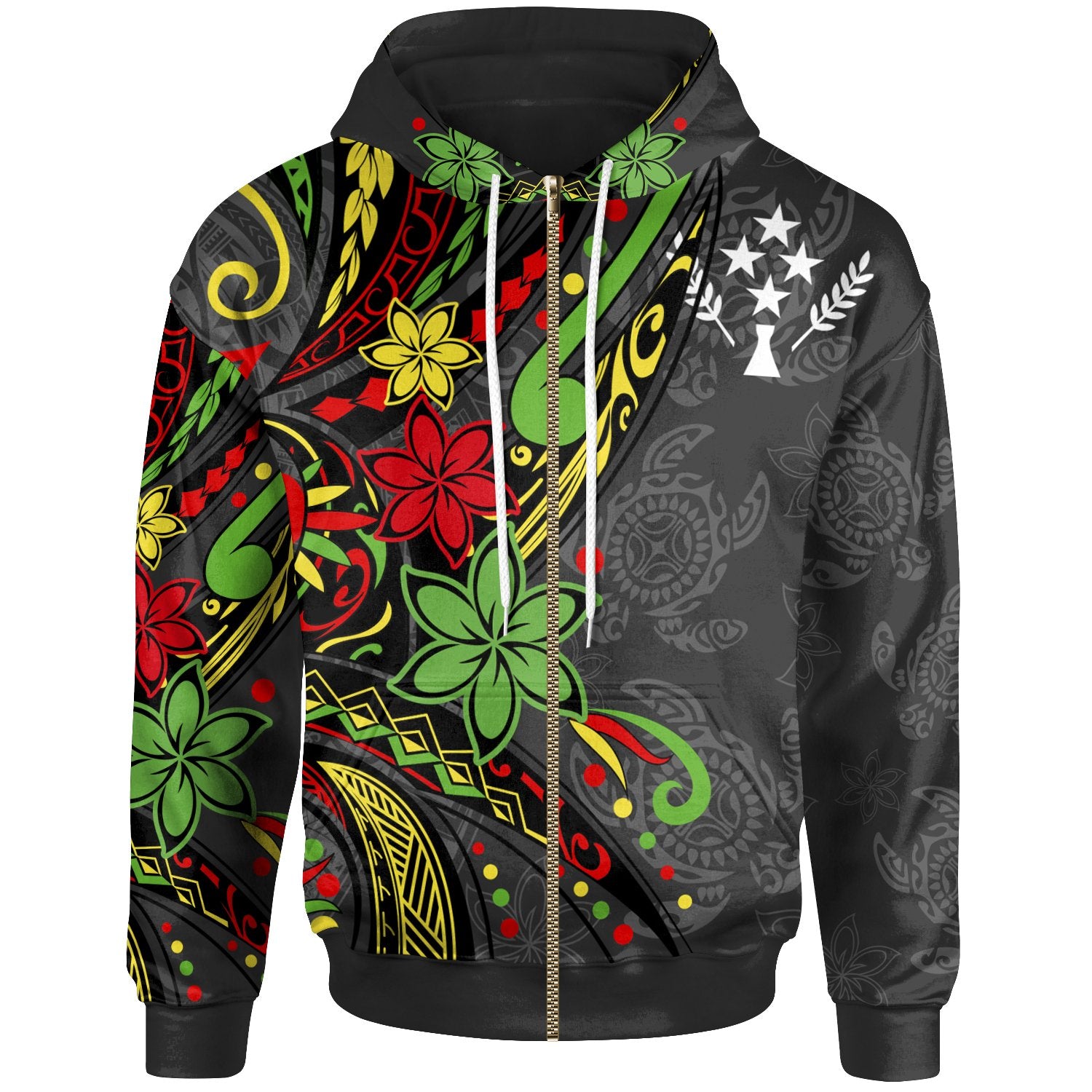 Kosrae Zip Hoodie Tribal Flower With Special Turtles Unisex Black - Polynesian Pride