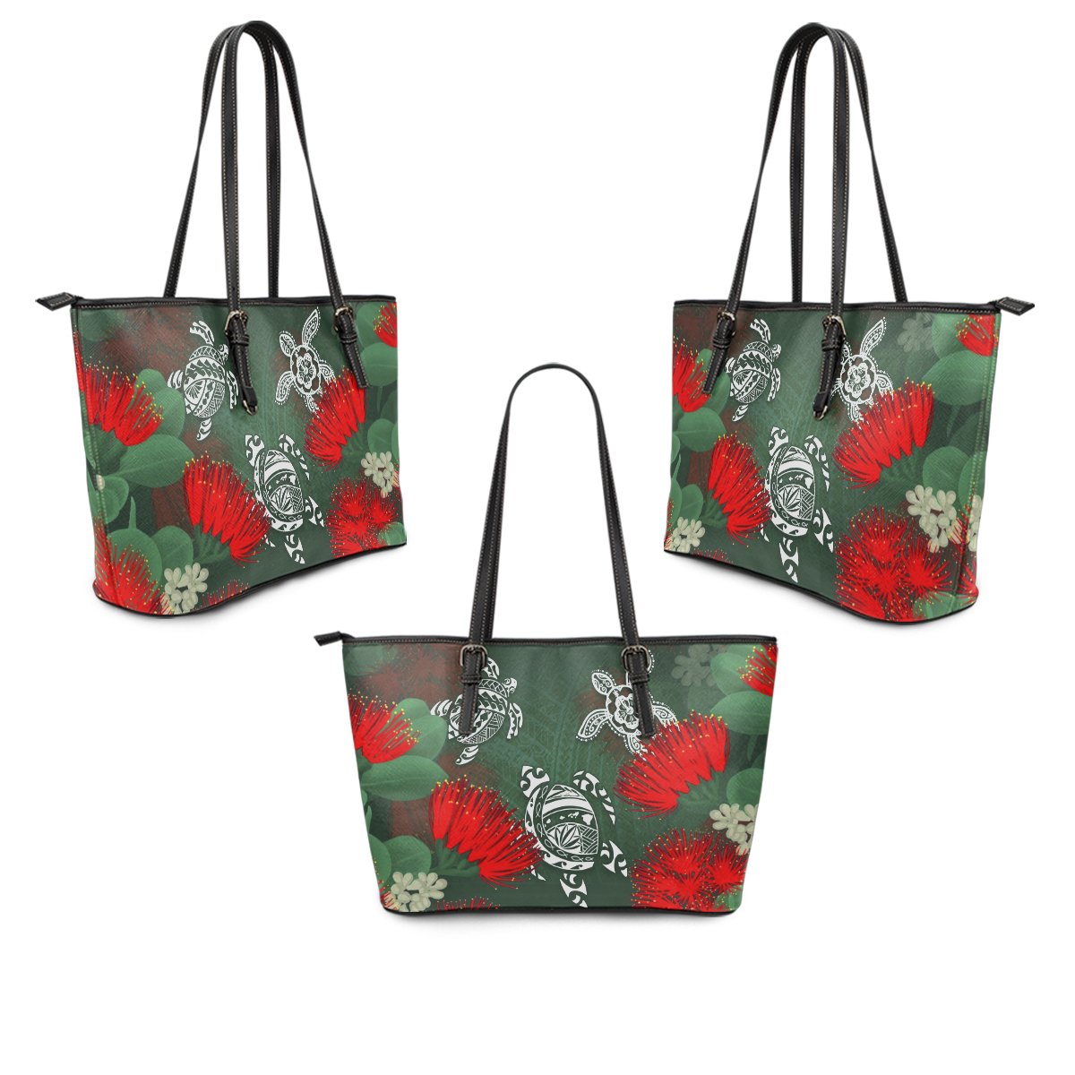 Hawaii Lehua Flowers Turtle Poly Leather Tote - Ser Style - AH - Polynesian Pride