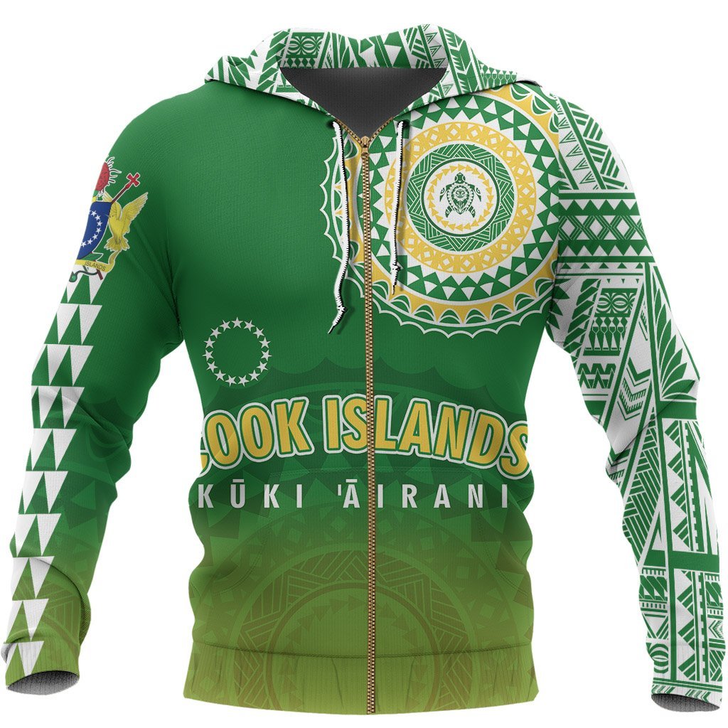 Cook Islands Hoodie Tattoo Style (Zip) Unisex Green - Polynesian Pride