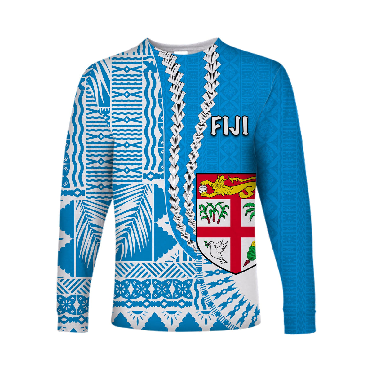 (Custom Personalised) Fiji Long Sleeve Shirt Masi Tapa Patterns Blue Style LT6 Unisex Blue - Polynesian Pride