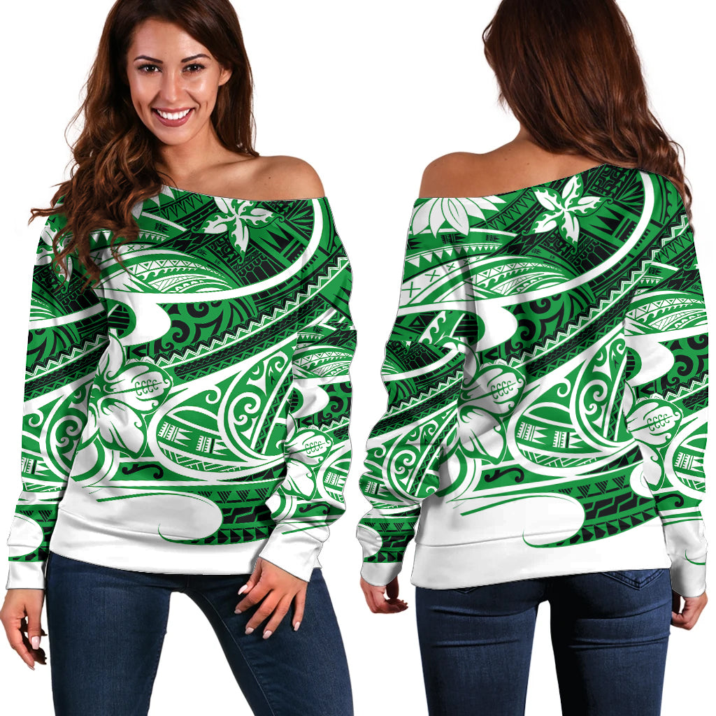 Polynesian Tribal Off Shoulder Sweater Green LT6 Women Green - Polynesian Pride