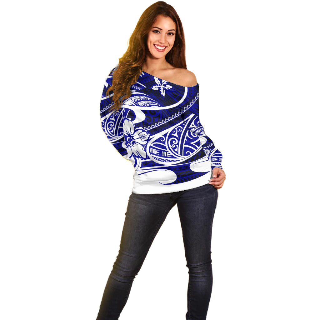 Polynesian Tribal Off Shoulder Sweater Blue LT6 - Polynesian Pride