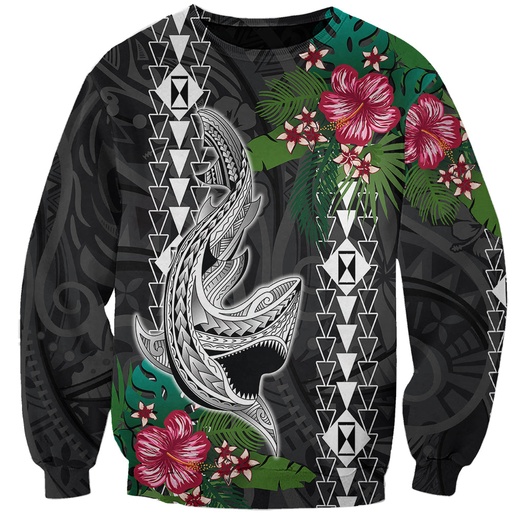 Hawaii Kakau Sweatshirt Mix Sharks Polynesian Hibiscus LT6 Unisex Black - Polynesian Pride