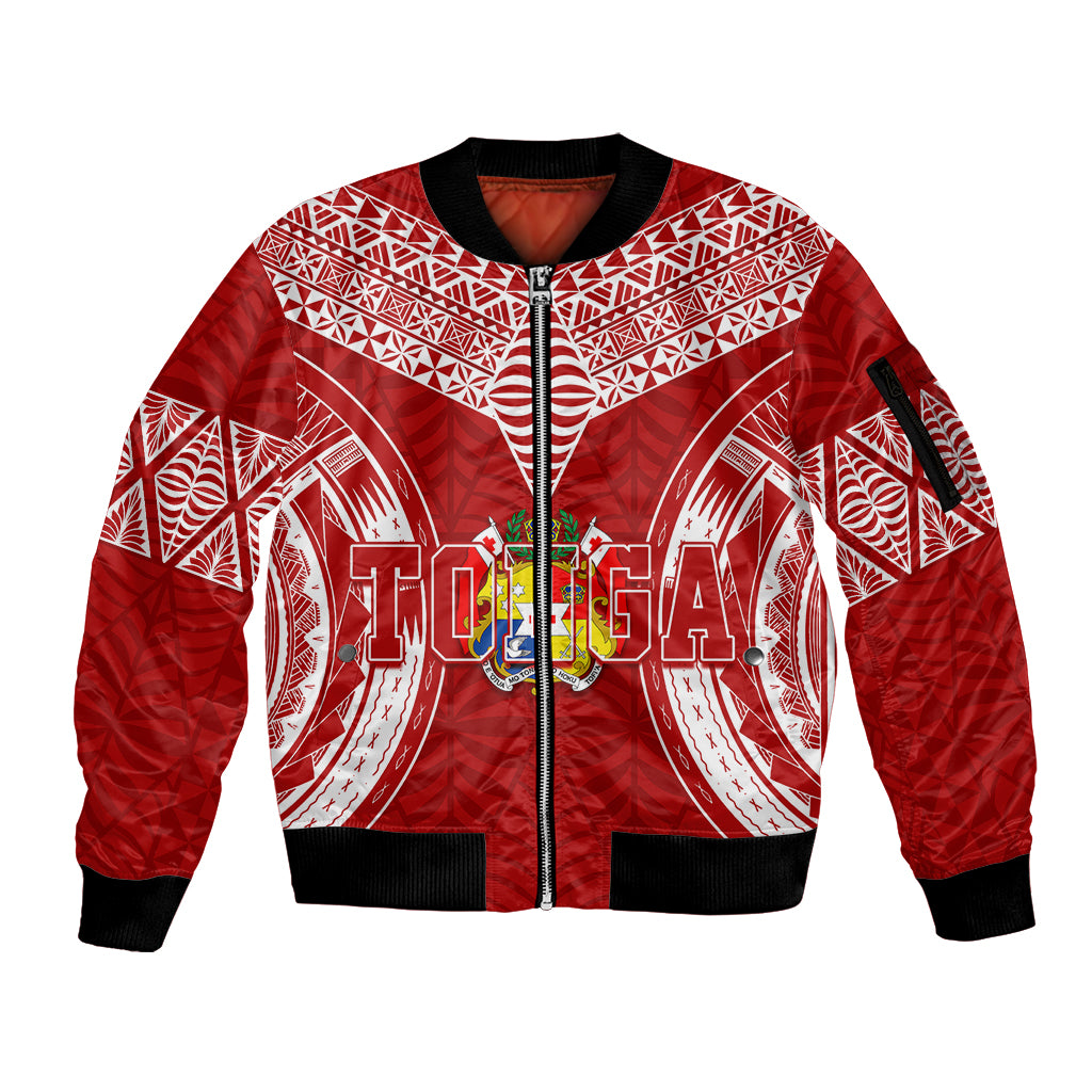 Personalised Tonga Independence Day Sleeve Zip Bomber Jacket Kupesi Pattern Mix Style LT7 Unisex Red - Polynesian Pride