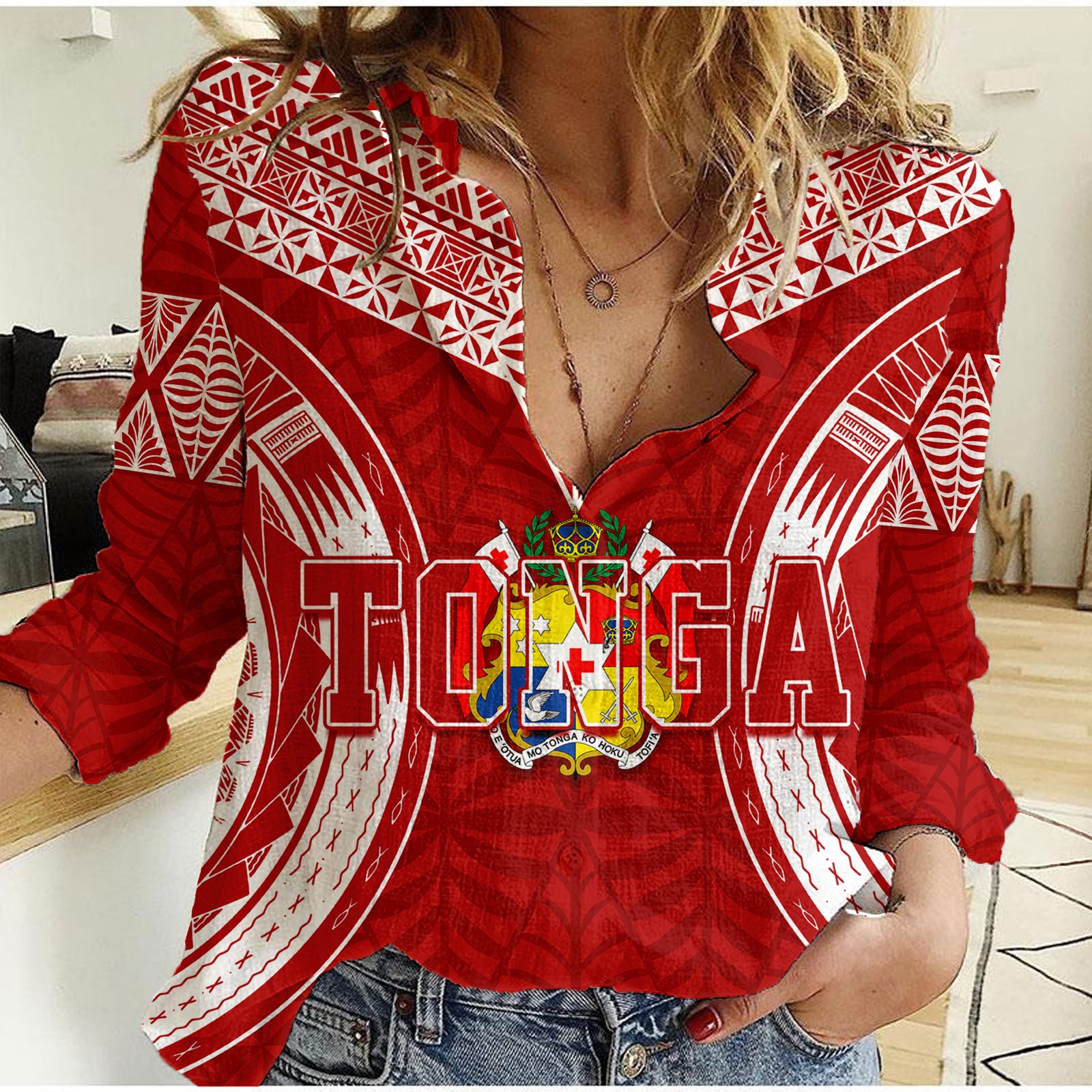 Personalised Tonga Independence Day Women Casual Shirt Kupesi Pattern Mix Style LT7 Female Red - Polynesian Pride