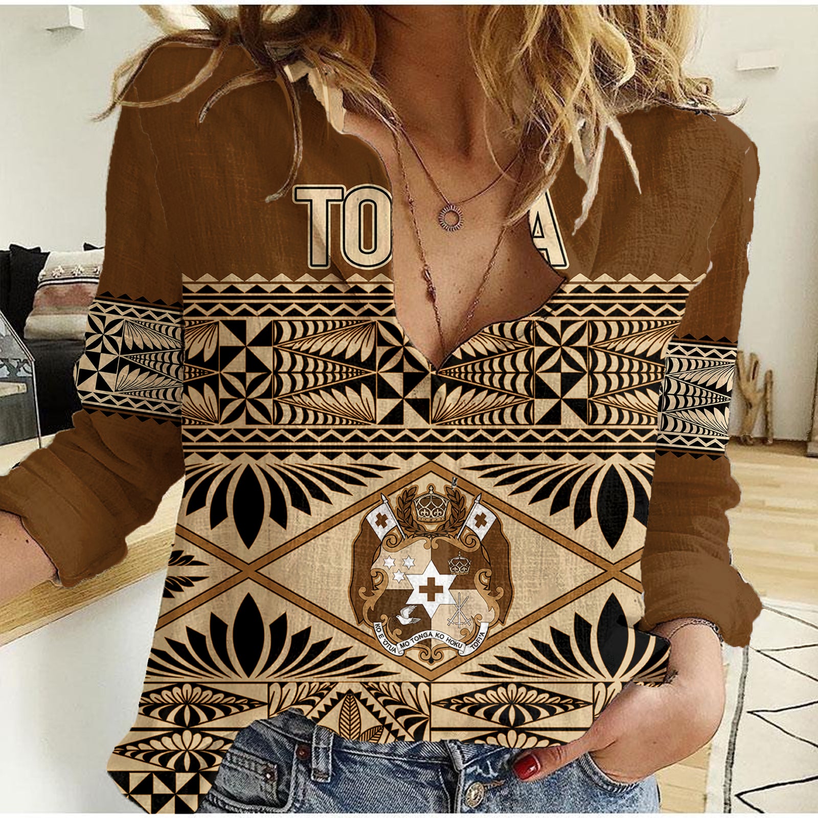 Personalised Tonga Independence Day Women Casual Shirt Ngatu Tapa Style LT7 Female Brown - Polynesian Pride