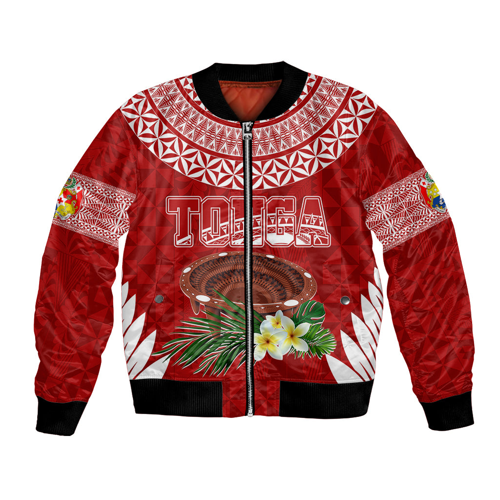 Personalised Tonga Independence Day Bomber Jacket Kumete Kava Bowl With Plumeria LT7 Unisex Red - Polynesian Pride
