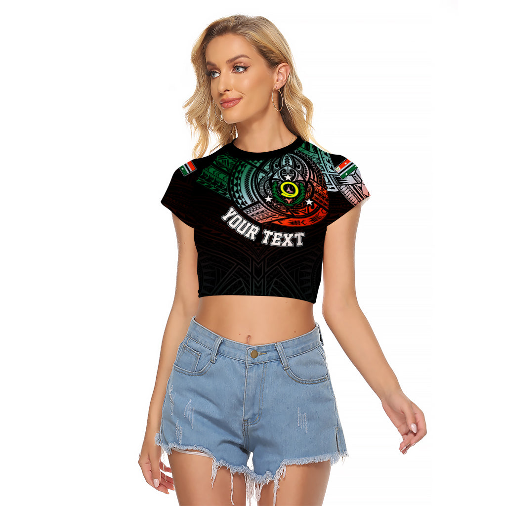 Personalised Vanuatu Raglan Cropped T Shirt Turtle Chest Tattoo Flag Color - Penama LT7 Female Black - Polynesian Pride