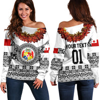 (Custom Personalised) Tonga Emancipation Day Off Shoulder Sweater Independence Day - Fancy Kahoa Heilala Flower - White Black LT8 Women White - Polynesian Pride