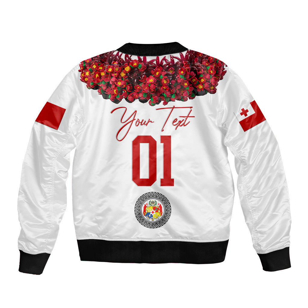 (Custom Personalised) Tonga Emancipation Day Bomber Jacket Independence Day - Unique Kahoa Heilala Flower - White LT8 - Polynesian Pride