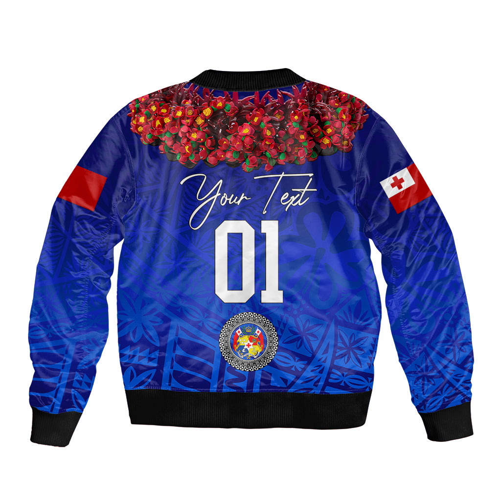(Custom Personalised) Tonga Emancipation Day Sleeve Zip Bomber Jacket Independence Day - Kupesi Kahoa Heilala Flower - Blue LT8 - Polynesian Pride