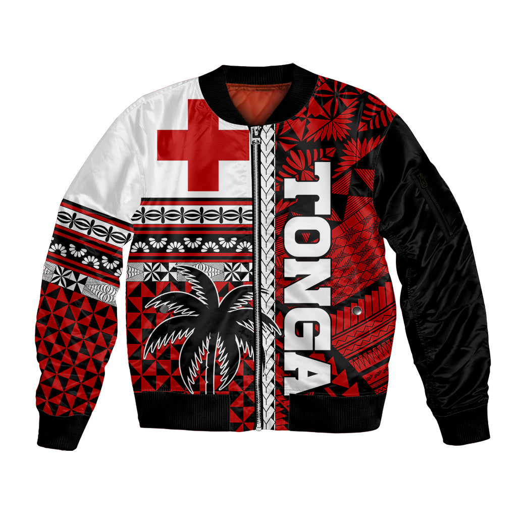 Tonga Kupesi Ngatu Sleeve Zip Bomber Jacket Proud Tonga with Flag and Palm Tree LT9 Unisex Red - Polynesian Pride