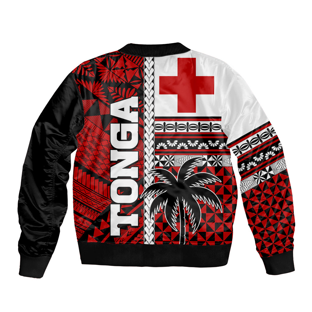 Tonga Kupesi Ngatu Sleeve Zip Bomber Jacket Proud Tonga with Flag and Palm Tree LT9 - Polynesian Pride