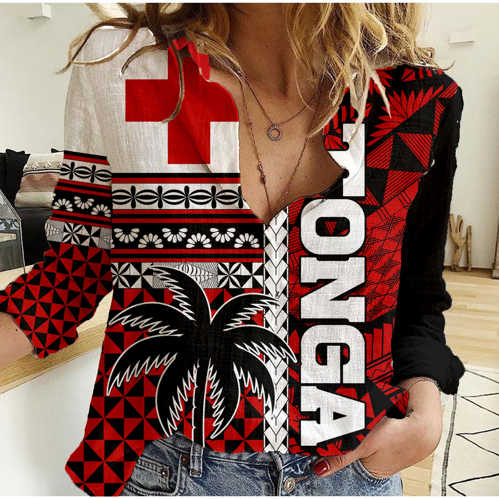 Tonga Kupesi Ngatu Women Casual Shirt Proud Tonga with Flag and Palm Tree LT9 Female Red - Polynesian Pride