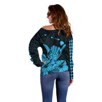 Hawaii Shaka Sign Off Shoulder Sweater Blue Version LT9 - Polynesian Pride
