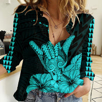 Hawaii Shaka Sign Women Casual Shirt Turquoise Version LT9 Female Turquoise - Polynesian Pride