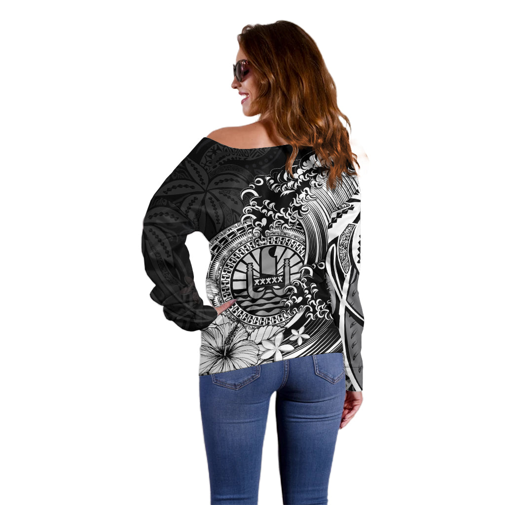 Polynesian Tahiti Island Off Shoulder Sweater The Wave of Water - Black LT9 - Polynesian Pride