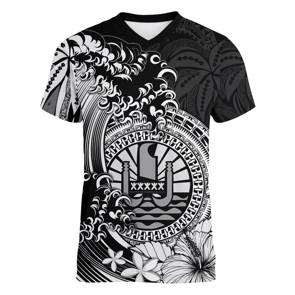 Polynesian Tahiti Island Women V Neck T Shirt The Wave of Water - Black LT9 - Polynesian Pride