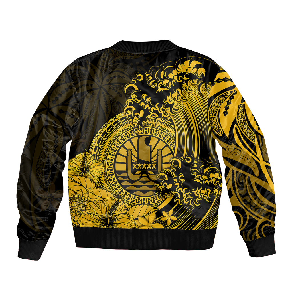 Polynesian Tahiti Island Sleeve Zip Bomber Jacket The Wave of Water - Gold LT9 - Polynesian Pride