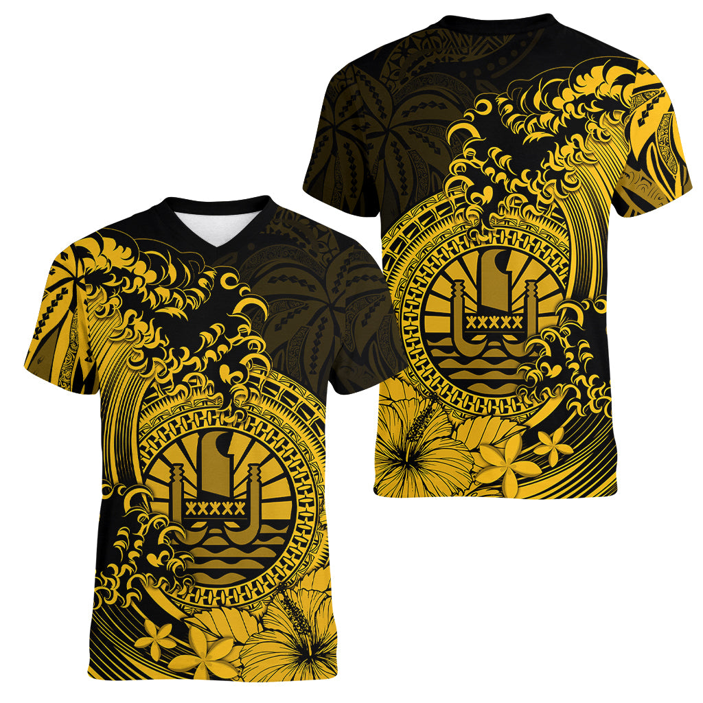 Polynesian Tahiti Island Women V Neck T Shirt The Wave of Water - Gold LT9 Female Gold - Polynesian Pride