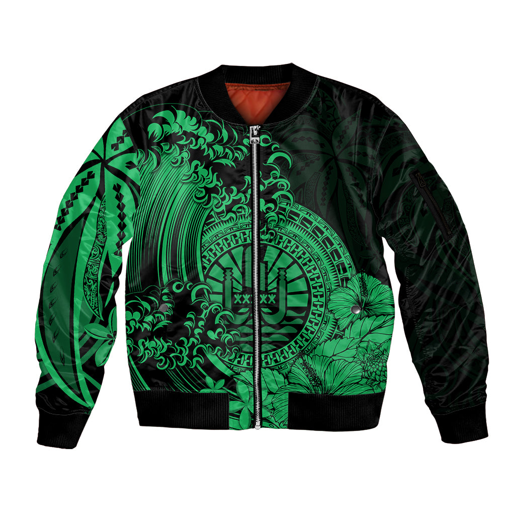 Polynesian Tahiti Island Sleeve Zip Bomber Jacket The Wave of Water - Green LT9 Unisex Green - Polynesian Pride