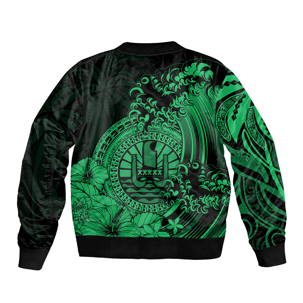 Polynesian Tahiti Island Sleeve Zip Bomber Jacket The Wave of Water - Green LT9 - Polynesian Pride