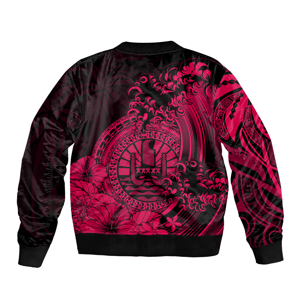 Polynesian Tahiti Island Sleeve Zip Bomber Jacket The Wave of Water - Pink LT9 - Polynesian Pride