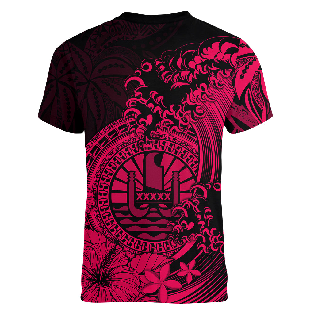 Polynesian Tahiti Island Women V Neck T Shirt The Wave of Water - Pink LT9 - Polynesian Pride