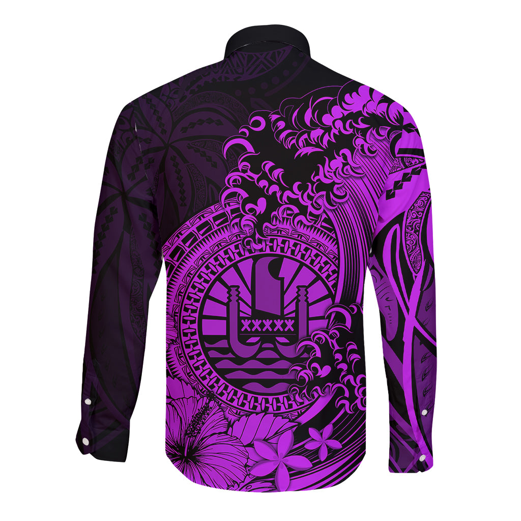 Polynesian Tahiti Island Long Sleeve Button Shirt The Wave of Water - Purple LT9 - Polynesian Pride